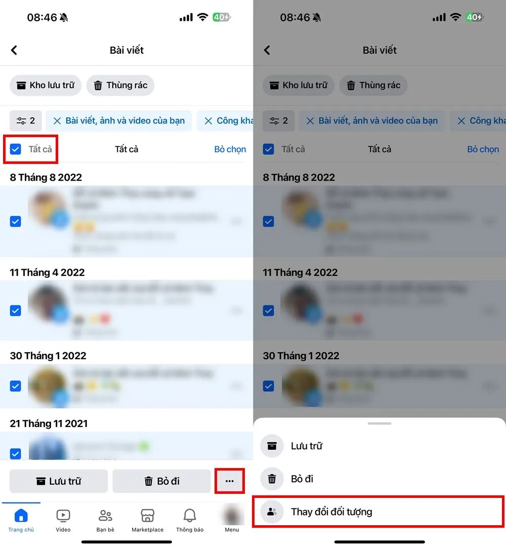 Chọn tất cả bài viết và Thay đổi đối tượng để thực hiện cách ẩn tất cả các bài viết trên Facebook