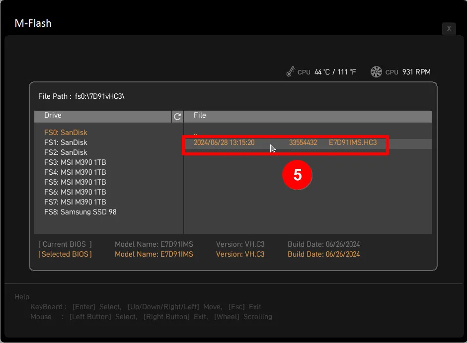 Chọn tệp BIOS và nhấn Enter