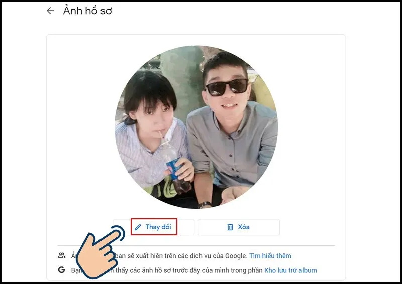 Chọn Thay đổi hoặc Xóa ảnh để điều chỉnh ảnh hồ sơ hiện tại, một bước then chốt trong cách cài ảnh đại diện cho gmail