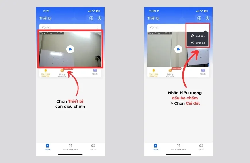 Chọn thiết bị camera Yoosee trong danh sách để vào mục cài đặt lại mạng Wi-Fi