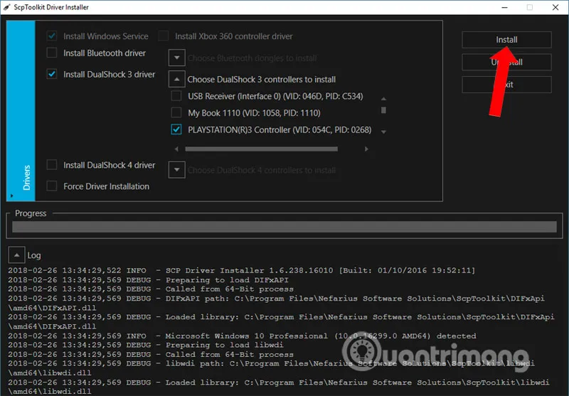 Chọn thiết bị PLAYSTATION(c)3 Controller và nhấn Install driver tay cầm PS3