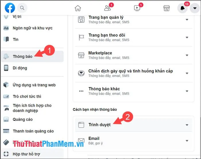 Chọn Thông báo và tiếp tục chọn Trình duyệt để điều chỉnh âm thanh