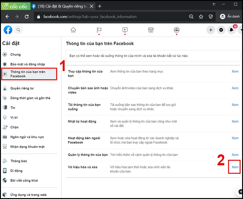 Chọn Thông tin của bạn trên Facebook và sau đó chọn Vô hiệu hóa và xóa