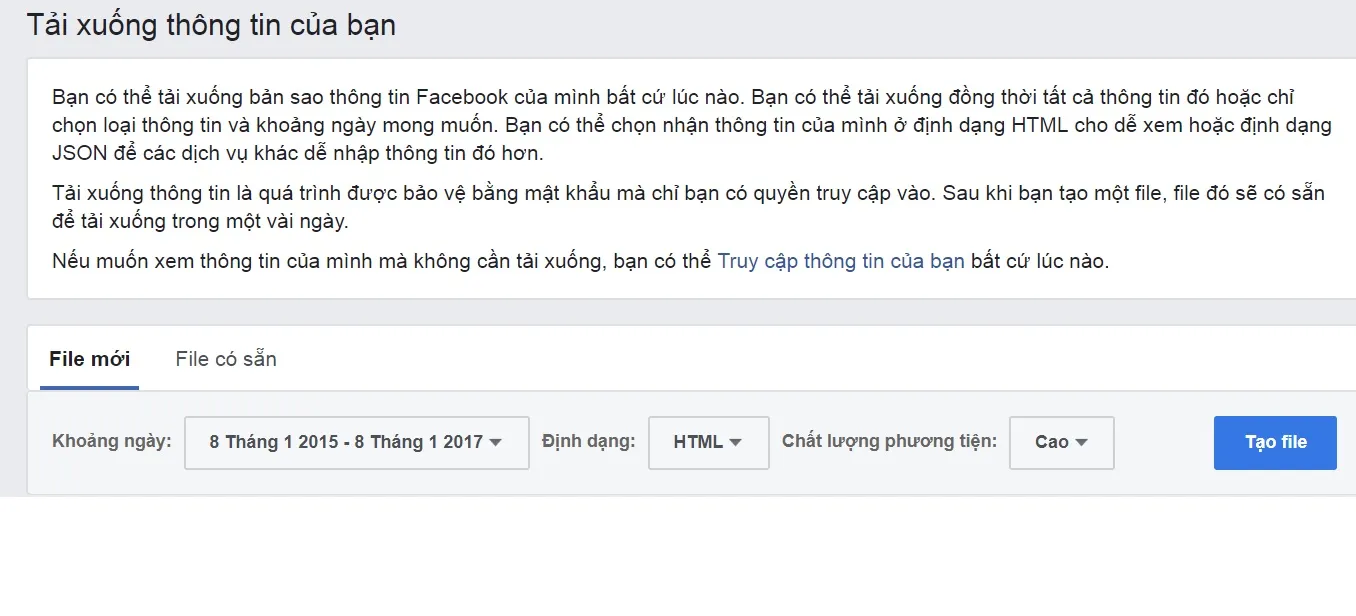 Chọn thông tin, khoảng ngày, định dạng