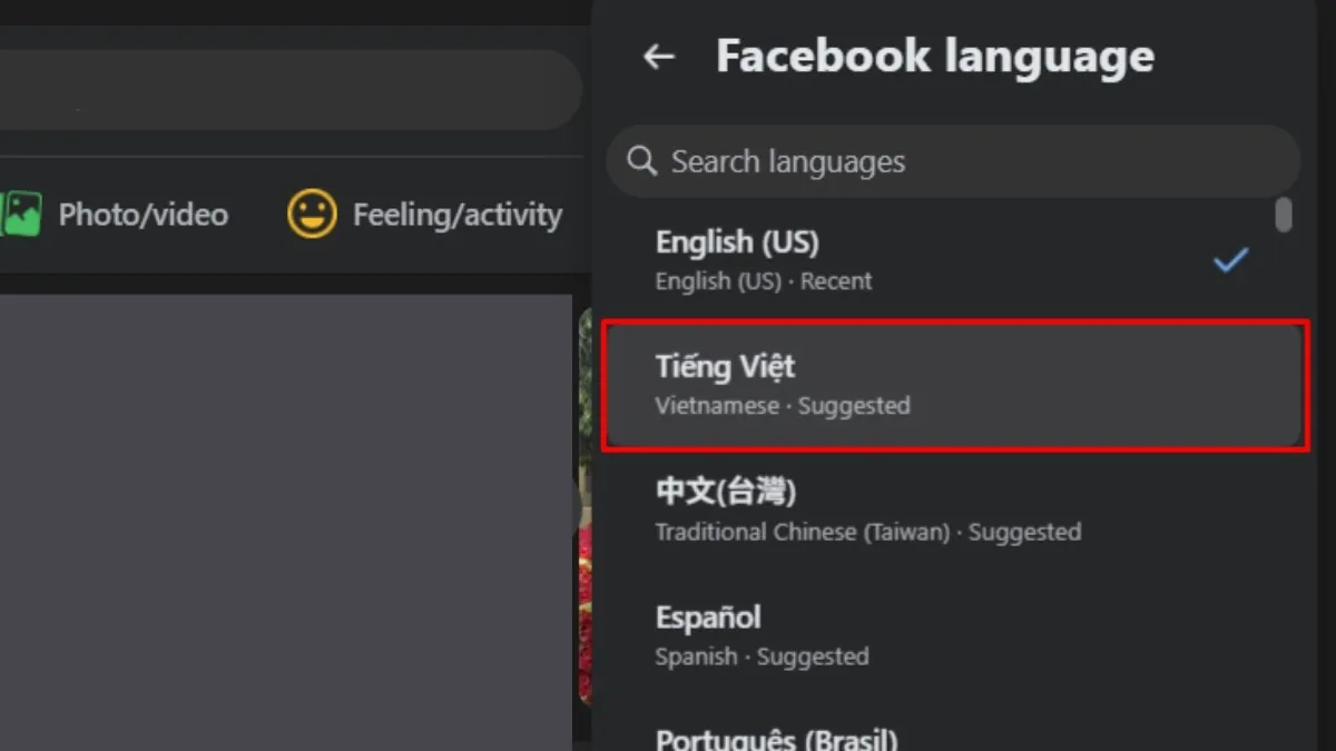 Chọn Tiếng Việt trong danh sách các ngôn ngữ để cài đặt facebook cho máy tính