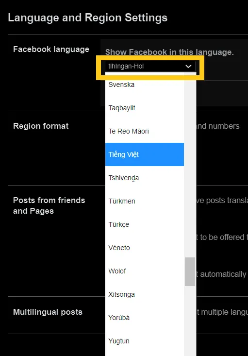Chọn Tiếng Việt trong danh sách ngôn ngữ để hoàn tất việc đổi ngôn ngữ Facebook