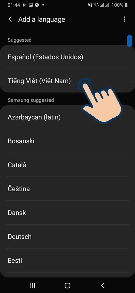 Chọn Tiếng Việt từ danh sách ngôn ngữ để cài đặt cho hệ thống Android