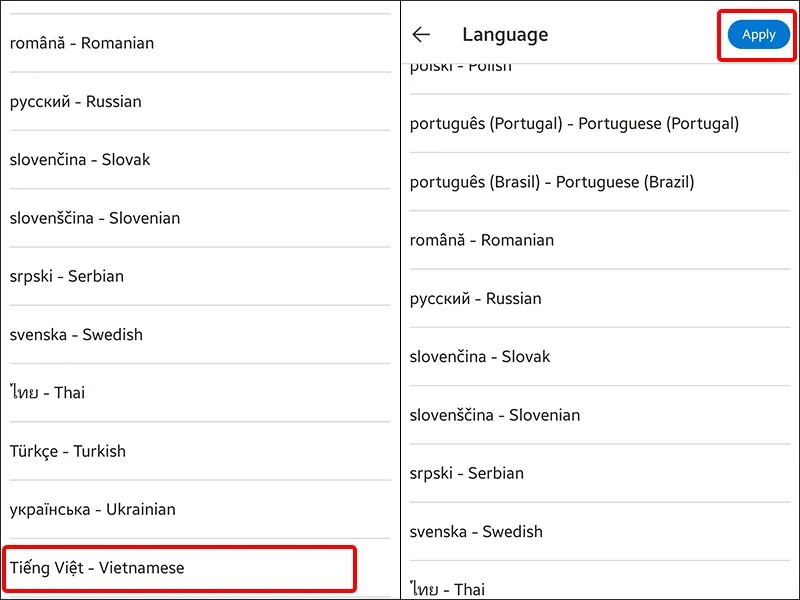 Chọn Tiếng Việt - Vietnamese và nhấn Apply để áp dụng