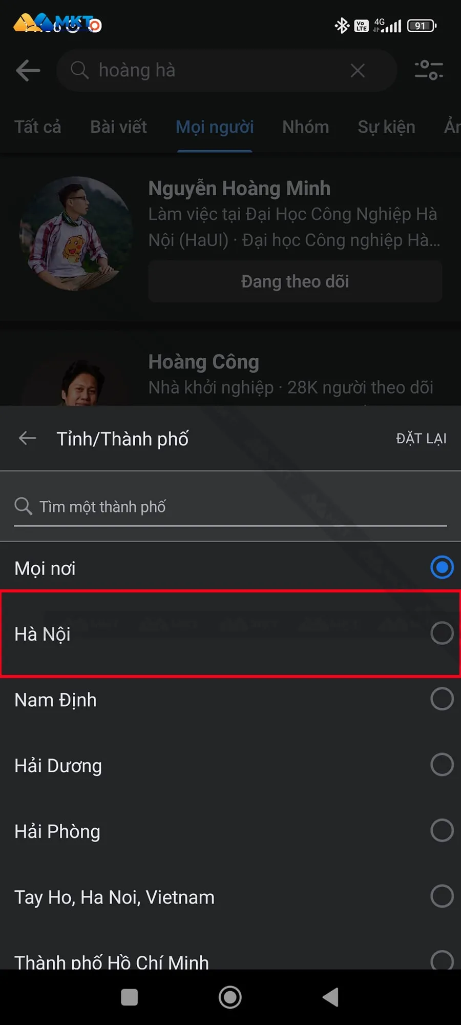 Chọn tỉnh/thành phố hoặc khu vực mà bạn muốn tìm