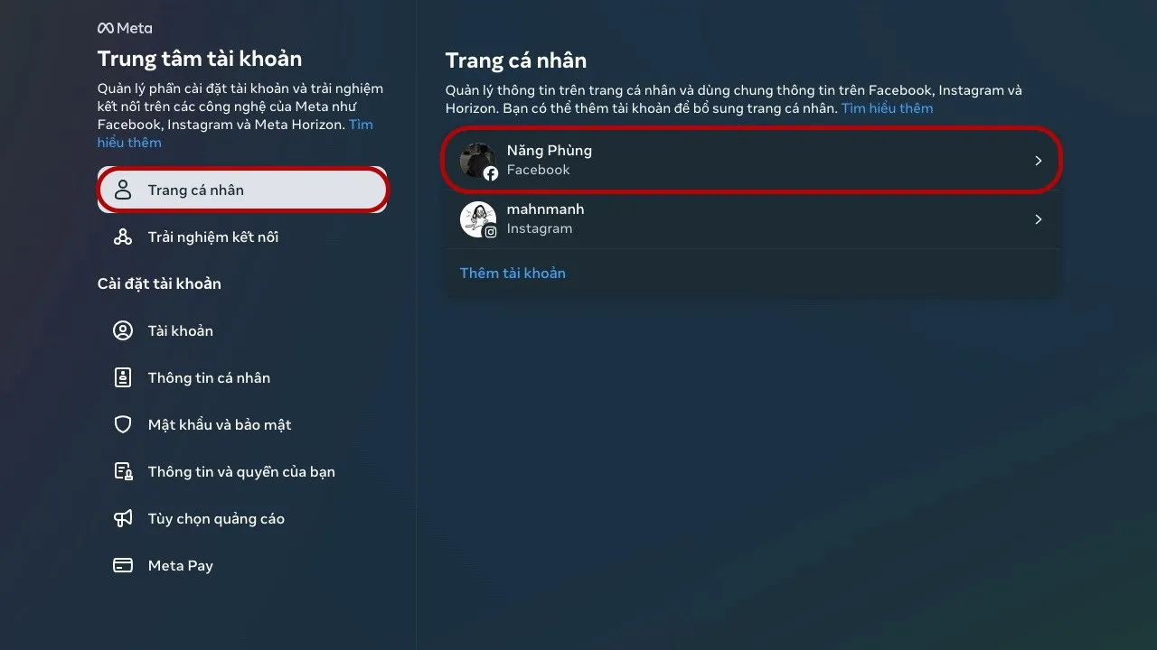 Chọn Trang cá nhân và tài khoản Facebook để đổi tên
