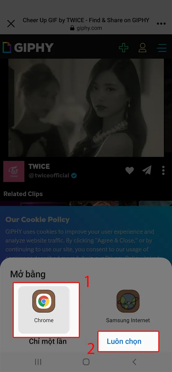 Chọn trình duyệt Chrome, nhấn luôn chọn để mở liên kết Giphy