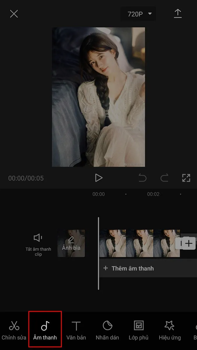 Chọn tùy chọn "Âm thanh" trong thanh công cụ chỉnh sửa của Capcut
