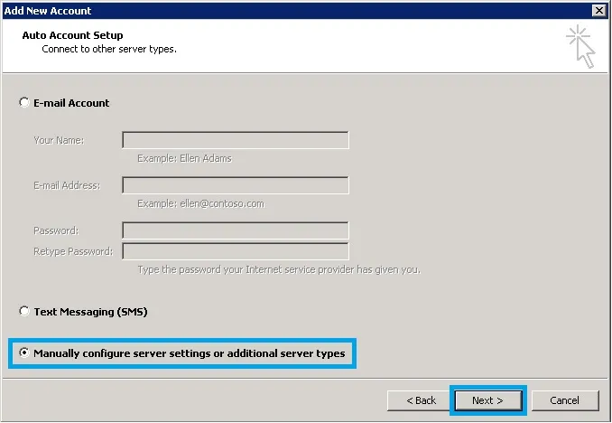 Chọn tùy chọn cấu hình máy chủ thủ công trong quy trình cài đặt Outlook 2010