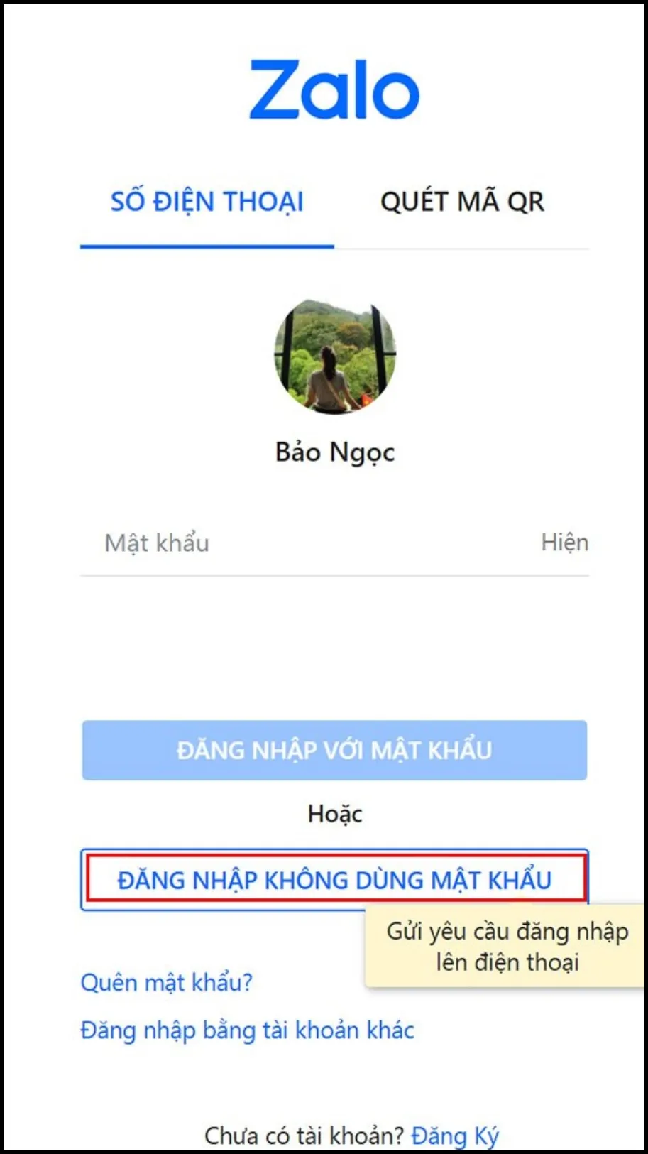 Chọn tùy chọn Đăng nhập không dùng mật khẩu trên Zalo máy tính