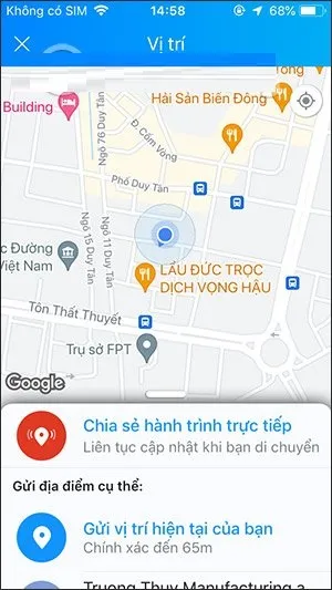 Chọn tùy chọn gửi vị trí hiện tại hoặc chia sẻ vị trí theo thời gian thực (15 phút, 1 giờ,...) trên Zalo