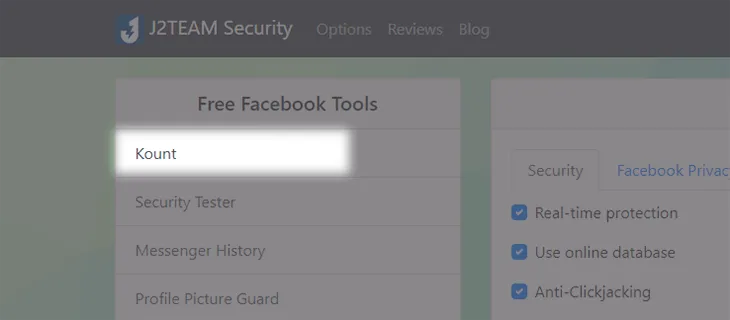Chọn tùy chọn Kount trong giao diện của J2TEAM Security
