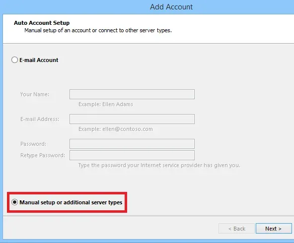Chọn tùy chọn Manual setup or additional server types để thực hiện cài đặt thủ công trong Outlook