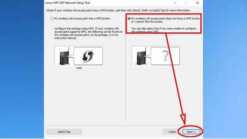 Chọn tùy chọn "My wireless LAN access point does not have a WPS button" để tiến hành thiết lập thủ công