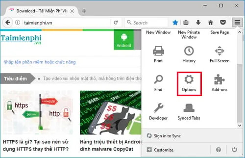 Chọn Tùy chọn (Options) trên trình duyệt Firefox