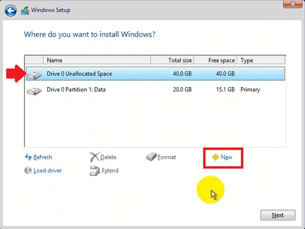 Chọn Unallocated space và click New để tạo phân vùng cài đặt mới