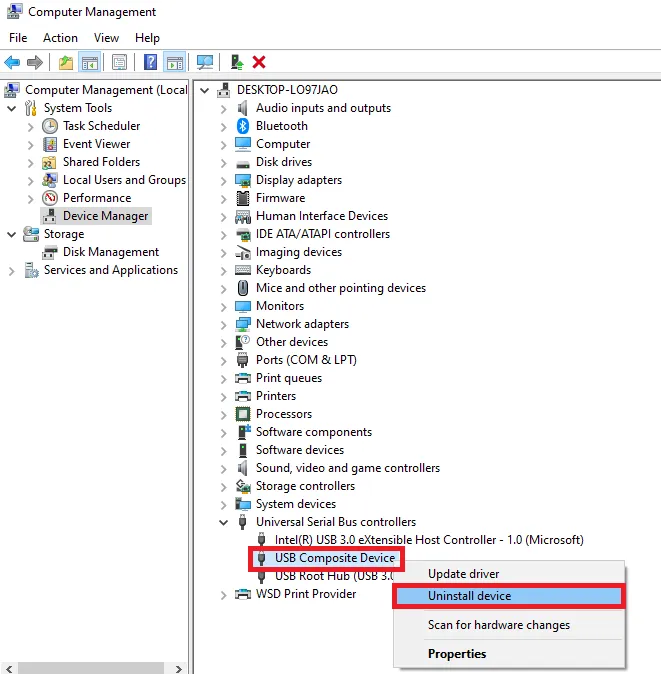 Chọn Uninstall để tiến hành gỡ driver usb 3.0 trong Device Manager