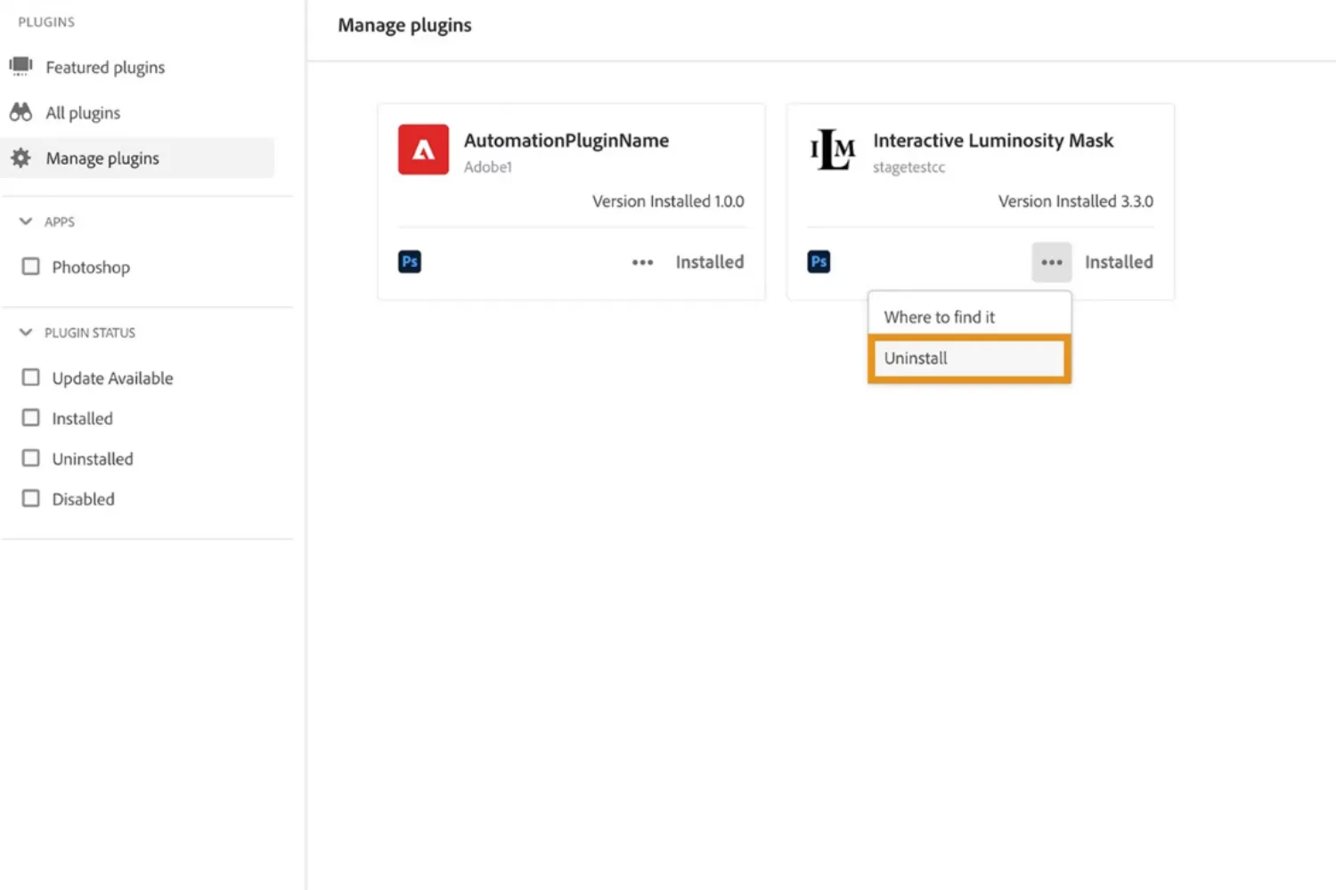 Chọn Uninstall (Gỡ cài đặt) trong menu tùy chọn của plugin