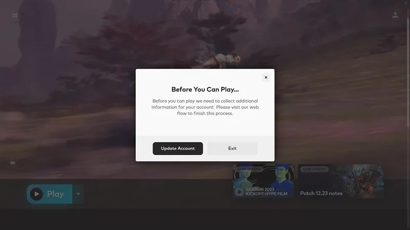 Chọn "Update Account" để cập nhật thông tin cá nhân cho tài khoản Riot