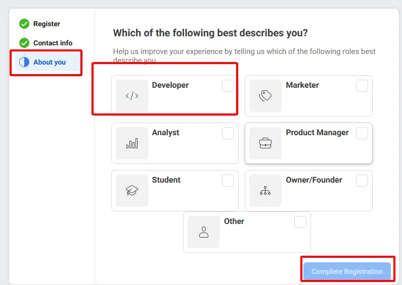 Chọn vai trò Nhà phát triển khi đăng ký Meta Developer