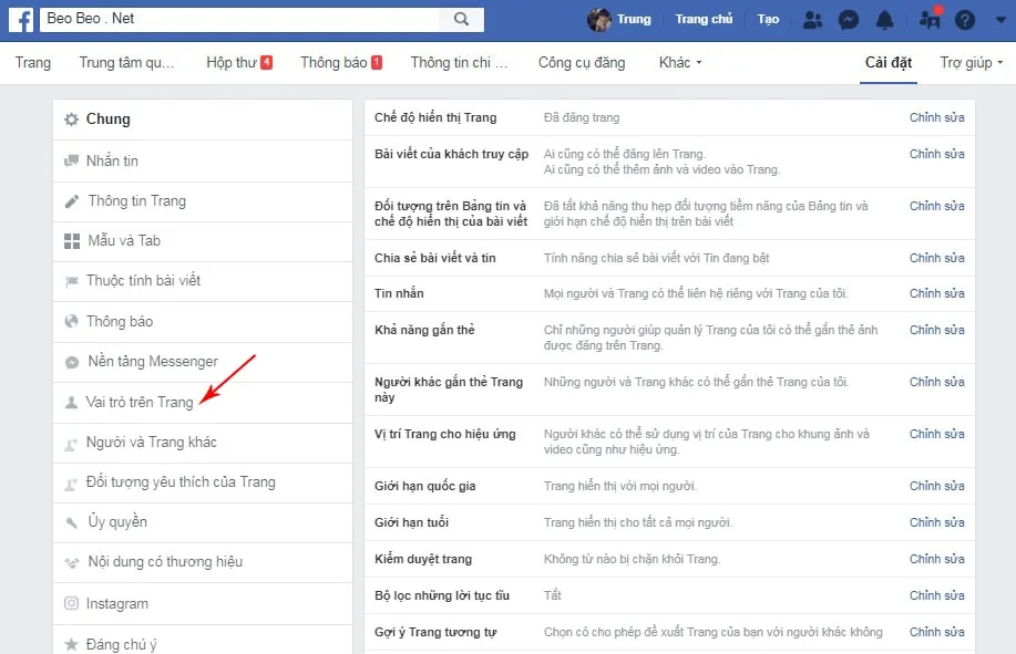 Chọn Vai trò trên trang