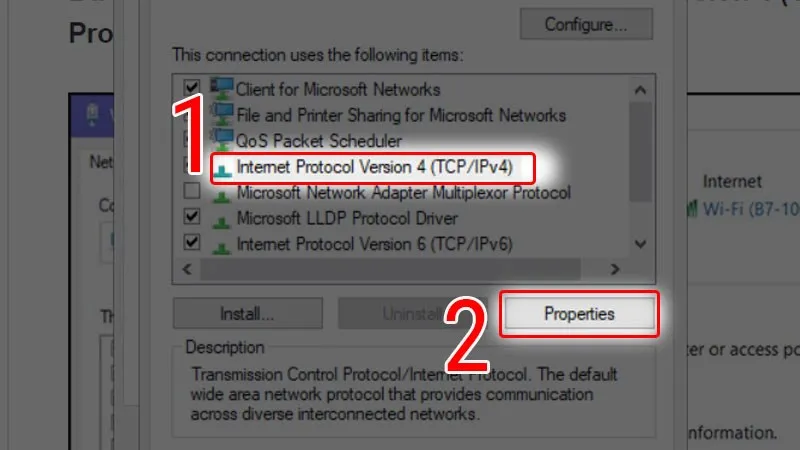 Chọn vào Internet Protocol Version 4 (TCP/IPv4) và chọn Properties