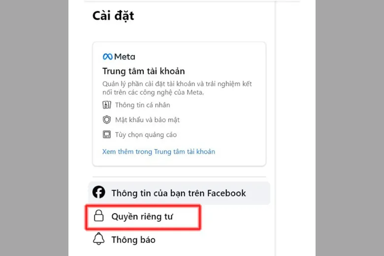 Chọn vào Quyền riêng tư trên thanh bên trái