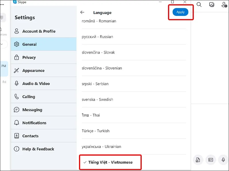 Chọn vào Tiếng Việt - Vietnamese và nhấn Apply để áp dụng