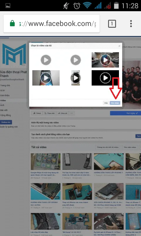 Chọn video mong muốn và ấn Xác nhận để hoàn tất việc đặt video làm ảnh bìa Fanpage Facebook