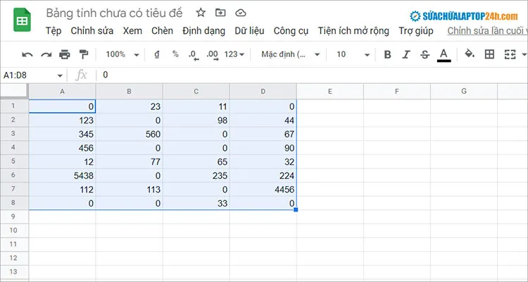 Chọn vùng dữ liệu cần cài đặt số 0 thành dấu gạch trong Excel