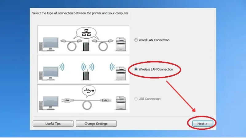 Chọn "Wireless LAN Connection" trong công cụ thiết lập mạng để bắt đầu cài đặt kết nối WiFi cho máy in