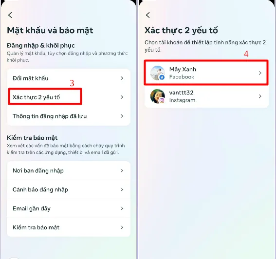 Chọn Xác thực 2 yếu tố để truy cập các phương thức lấy mã xác thực Facebook