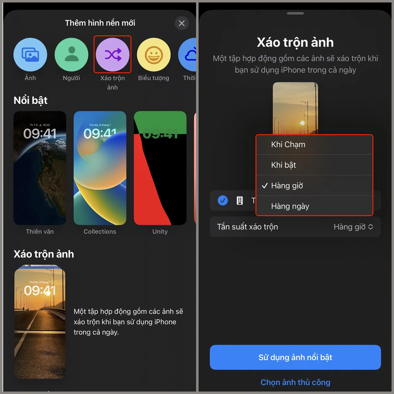 Chọn Xáo trộn ảnh và thiết lập Tần suất xáo trộn mong muốn để cài hình nền thay đổi liên tục
