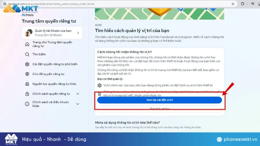 Chọn xem lại cài đặt vị trí để tiến hành xóa lịch sử đăng nhập Facebook