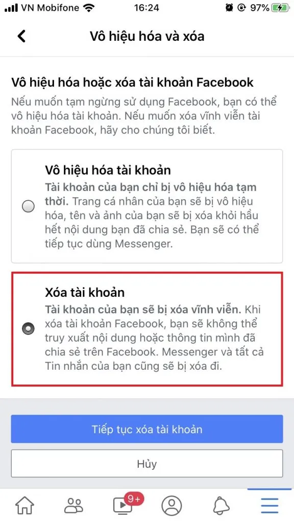 Chọn Xóa tài khoản để xóa vĩnh viễn