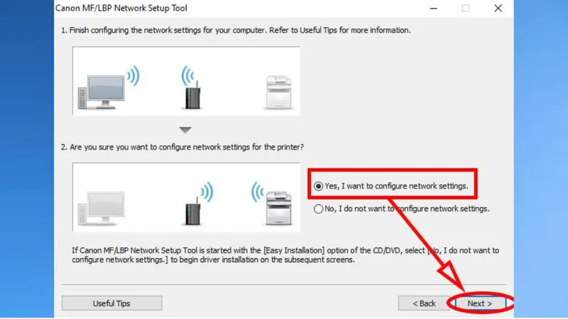 Chọn "Yes, I want to configure network settings" để xác nhận cấu hình mạng không dây