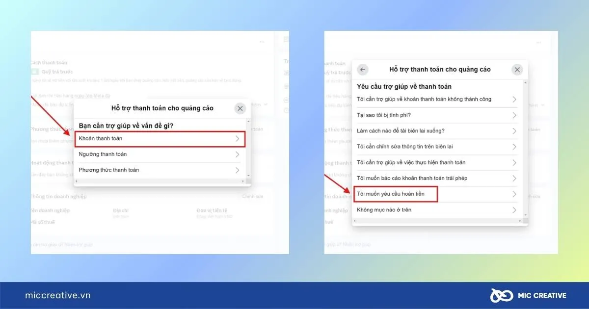 Chọn Yêu cầu hoàn tiền để lấy lại tiền quảng cáo Facebook và xem xét lại tài khoản