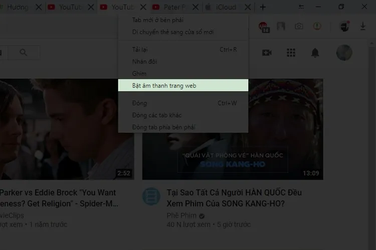 Chuột phải vào tab trình duyệt để bật âm thanh trang web