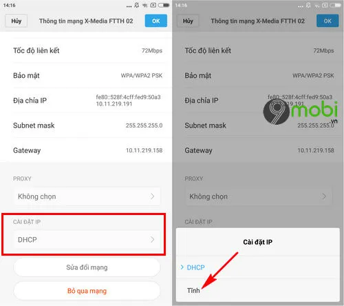 chuyển đổi sang Cài đặt IP Tĩnh để thay đổi DNS