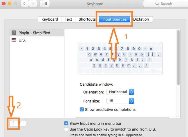 Chuyển sang tab Input Sources và nhấp dấu cộng (+) để thêm bộ gõ tiếng Trung
