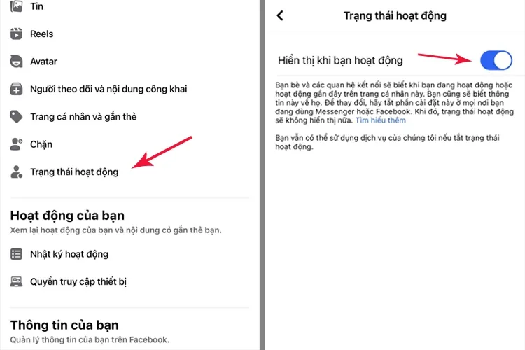 Chuyển thanh gạt để tắt Trạng thái hoạt động trên điện thoại