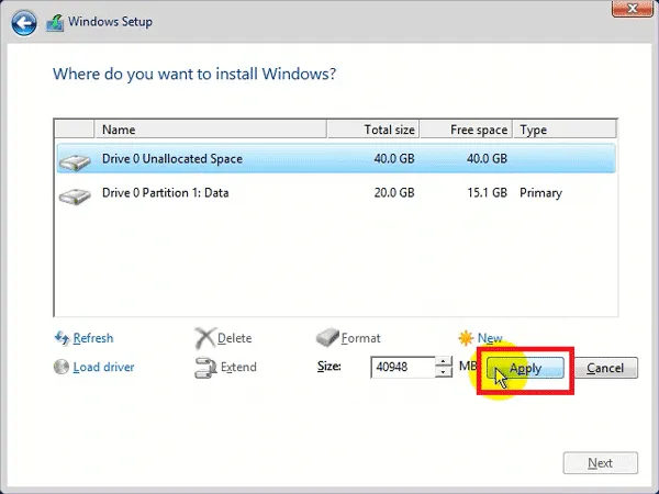 Click Apply để xác nhận tạo phân vùng mới