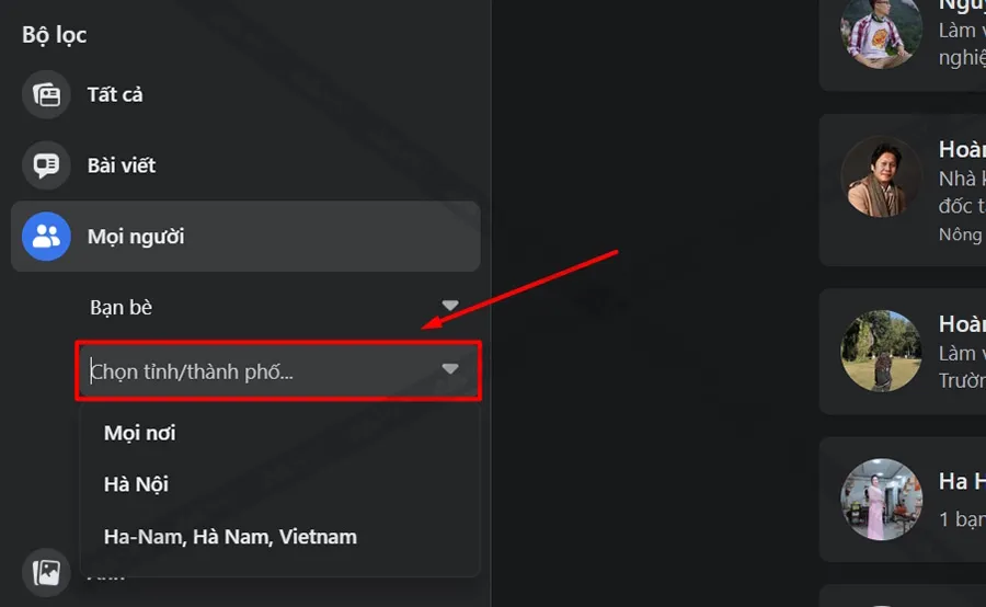 Click chọn menu Tỉnh/Thành phố và nhập địa điểm bạn muốn tìm