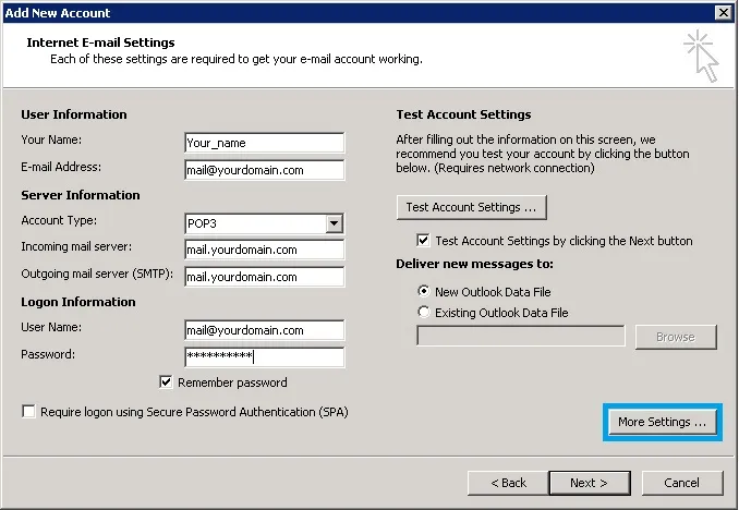 Click chọn More Settings để truy cập cấu hình nâng cao trong cài đặt mail Outlook 2010