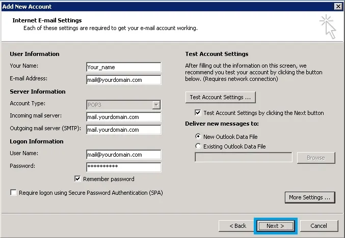 Click chọn Next để bắt đầu kiểm tra kết nối tài khoản mail Outlook 2010
