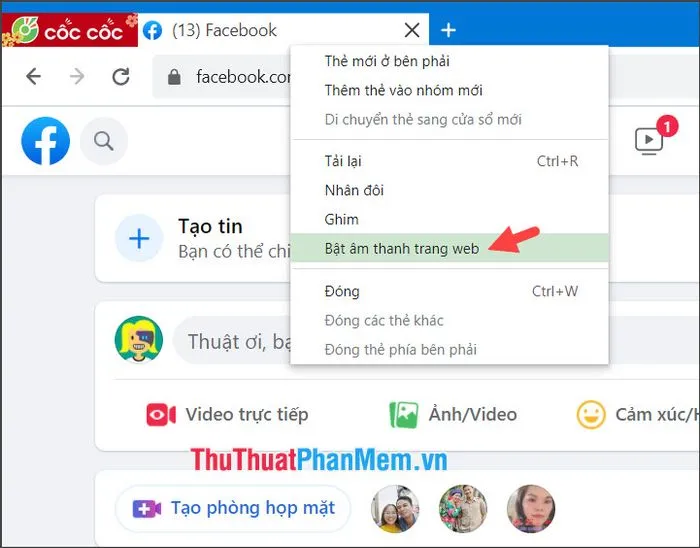 Click chuột phải và chọn Bật âm thanh trang web để khôi phục